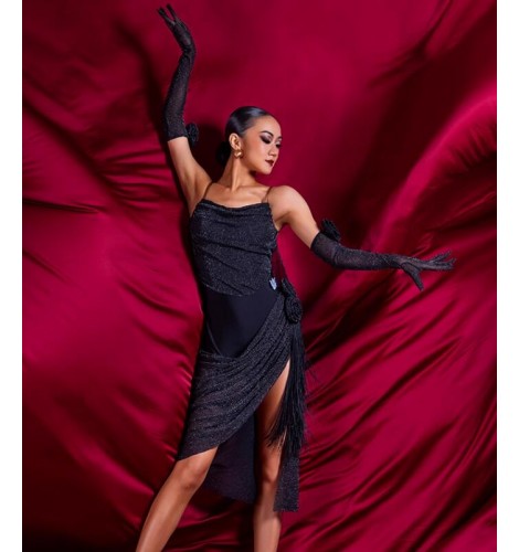 Latin Dance Dresses Women girls black red latin dance dresses flowy glitter salsa rumba latin dance outfits for female